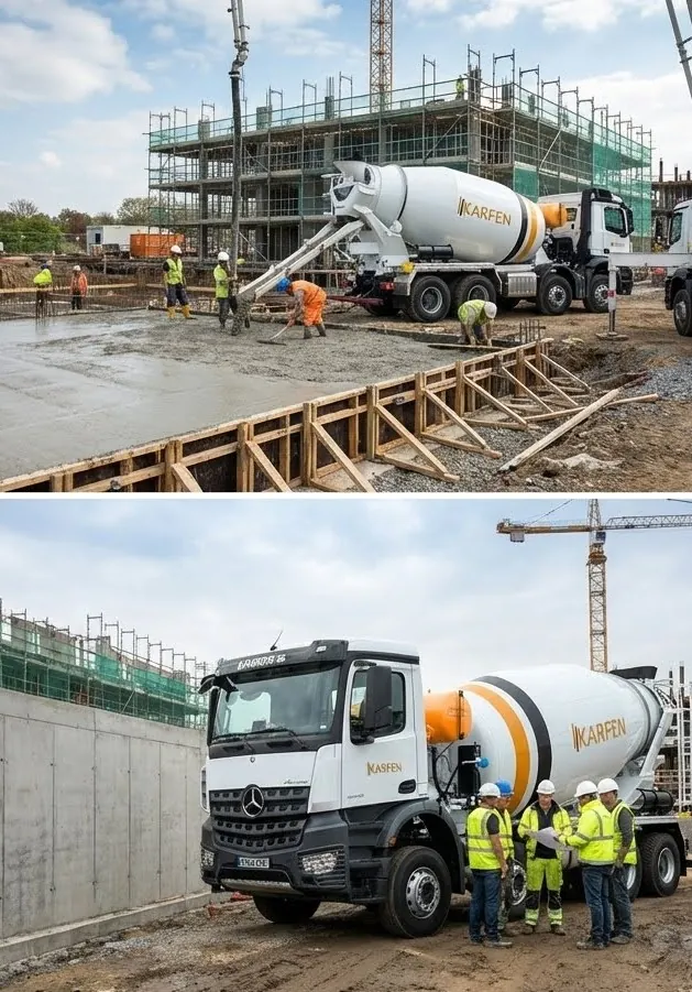 Karfen transmikserinden şantiyede beton dökümü yapılırken